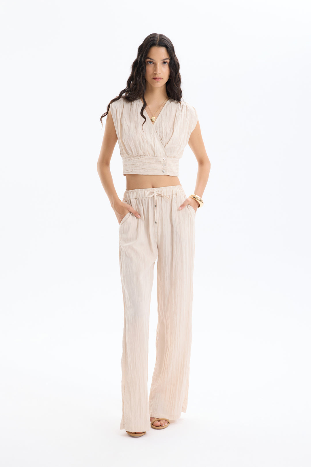 Kırışık Görünümlü Beli Lastikli Pantolon Bej
