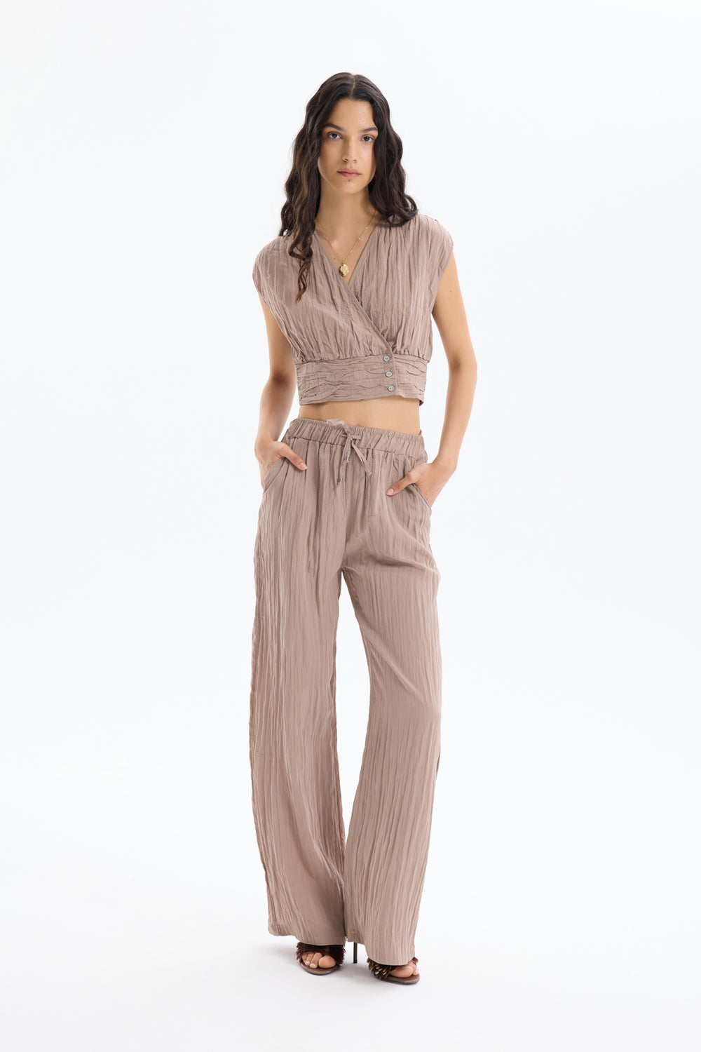 Kırışık Görünümlü Beli Lastikli Pantolon Açık Kahve