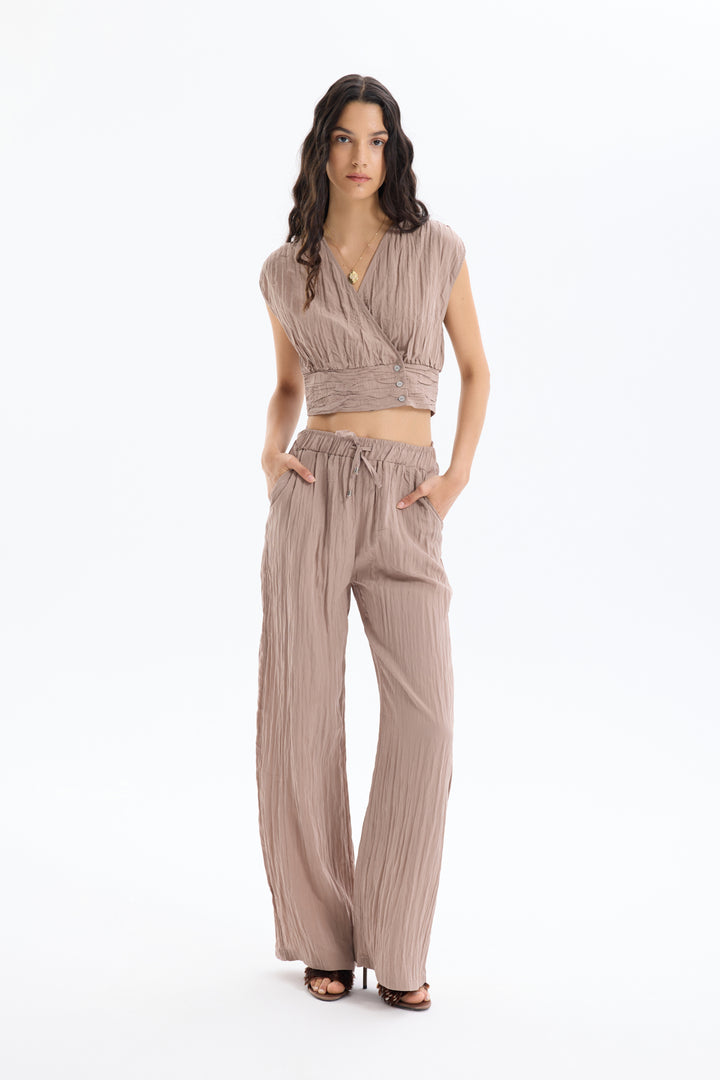 Kırışık Görünümlü Beli Lastikli Pantolon Açık Kahve