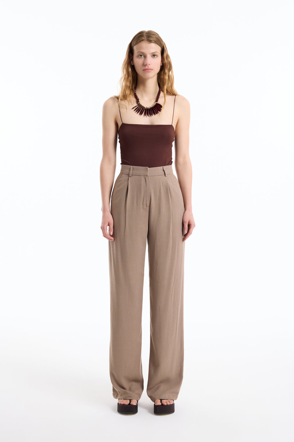 Yüksek Bel Keten Palazzo Pantolon Kahverengi