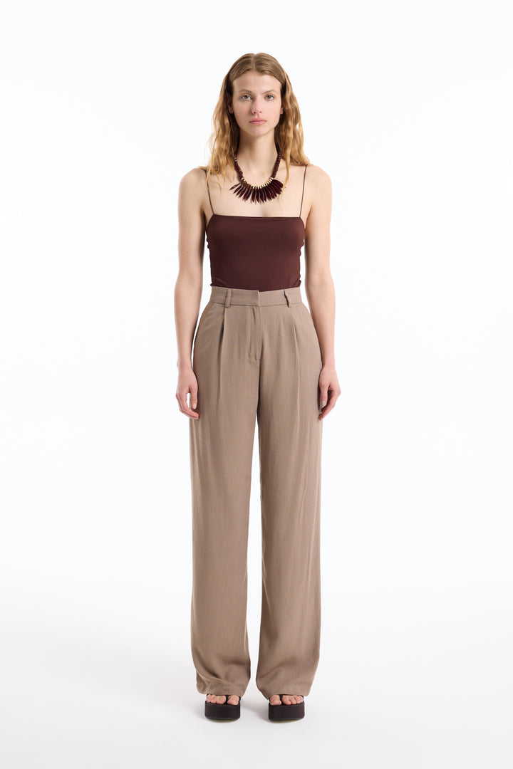 Yüksek Bel Keten Palazzo Pantolon Kahverengi