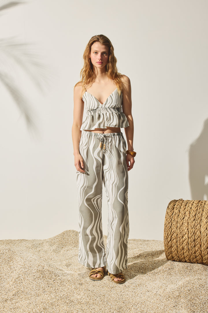 Dalga Desenli Beli Lastikli Bol Pantolon Haki