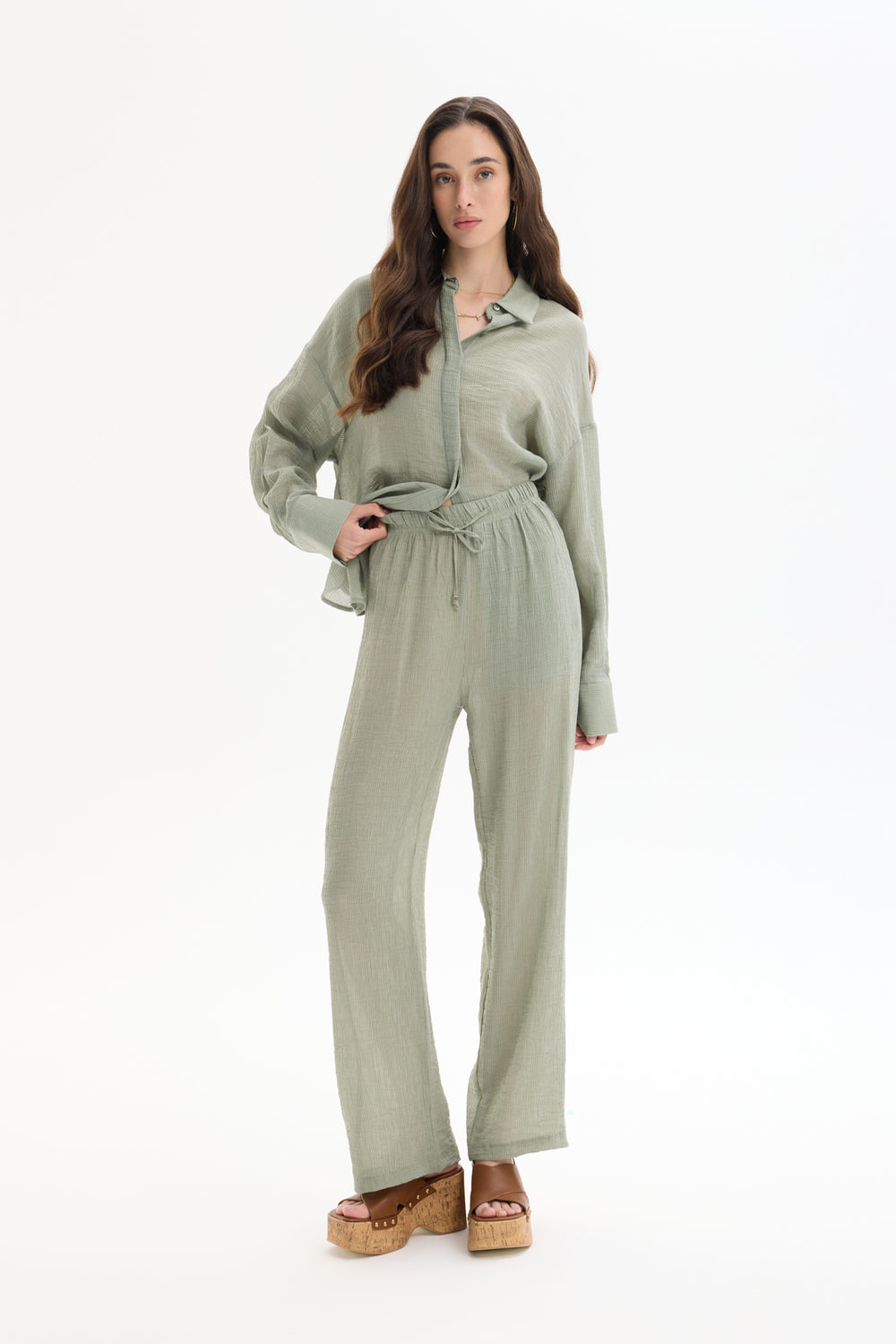 Lastikli Bel Dokulu Pantolon Haki