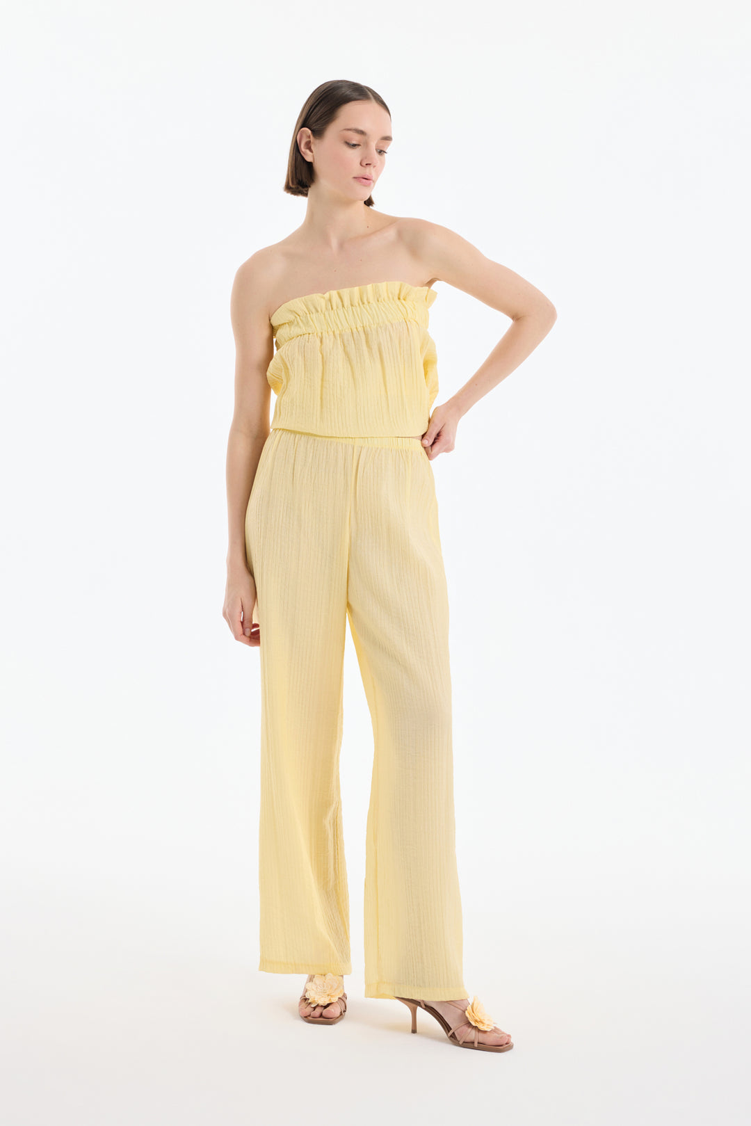 Gofre Kumaş Geniş Paça Pantolon Sarı