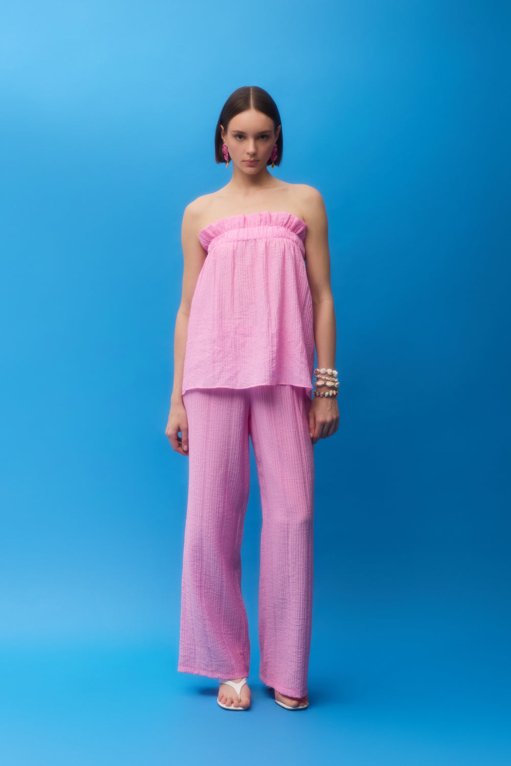 Gofre Kumaş Geniş Paça Pantolon Pembe