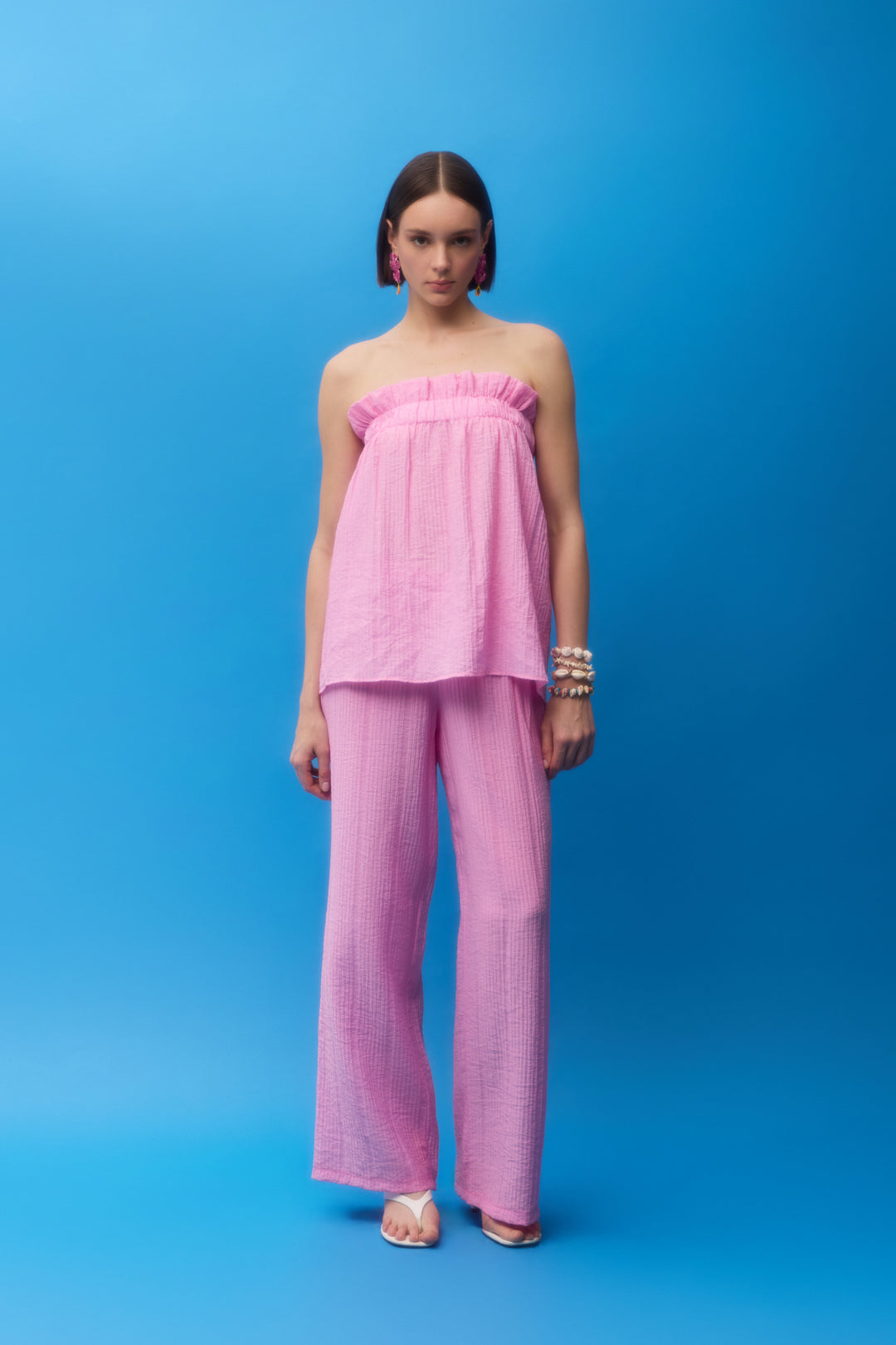 Gofre Kumaş Geniş Paça Pantolon Pembe