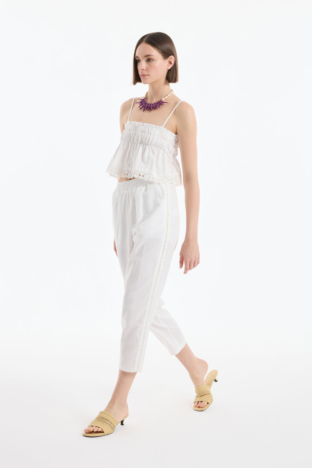 Dantel Şeritli Havuç Pantolon Ekru