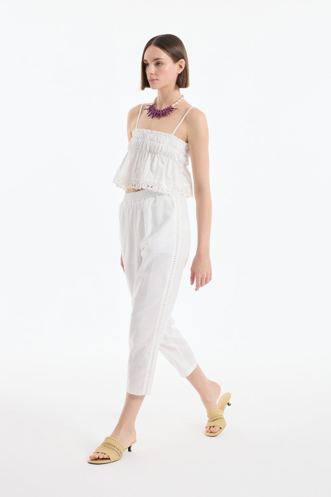 Dantel Şeritli Havuç Pantolon Ekru