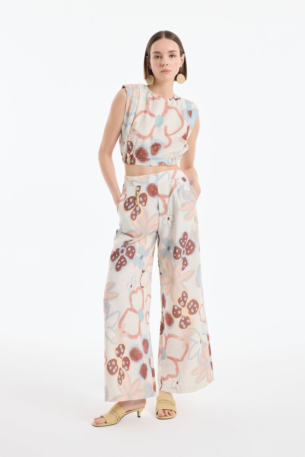 Renkli Çiçek Desenli Geniş Keten Pantolon Naturel