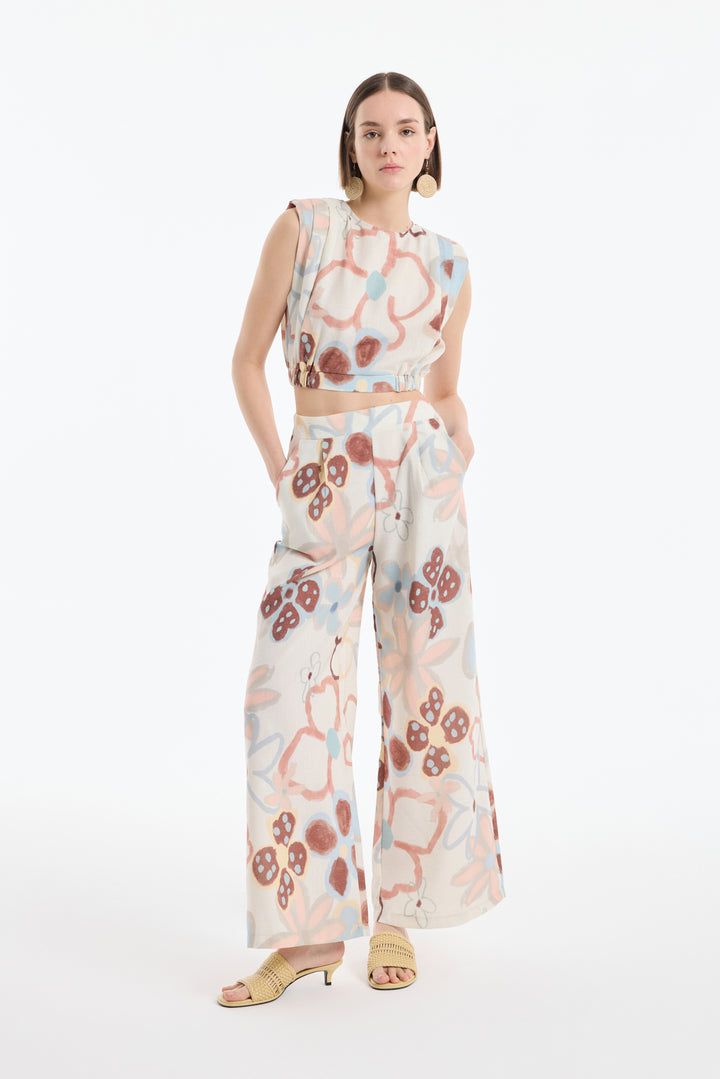 Renkli Çiçek Desenli Geniş Keten Pantolon Naturel