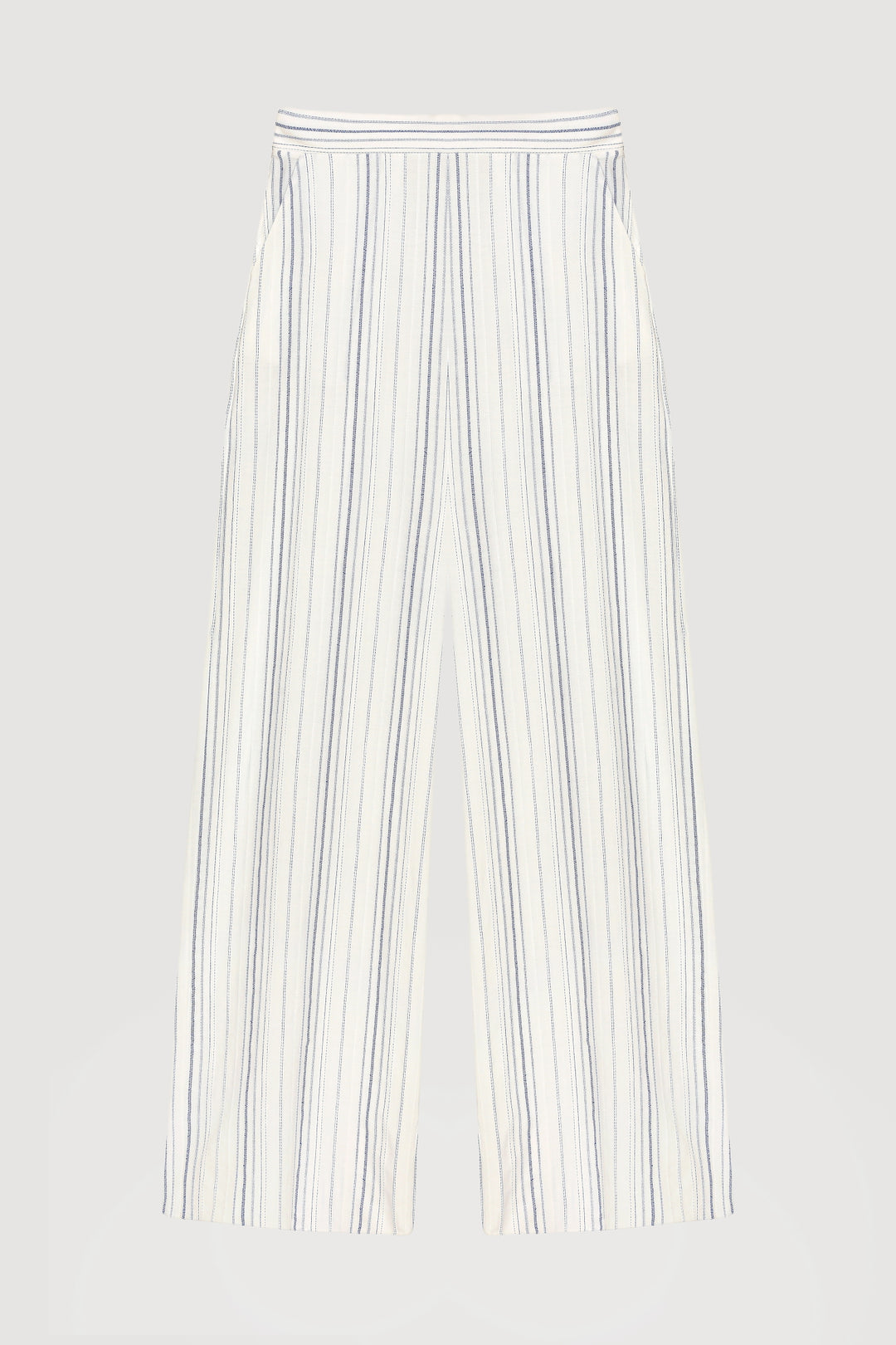 İnce Çizgili Yüksek Bel Pantolon Ekru