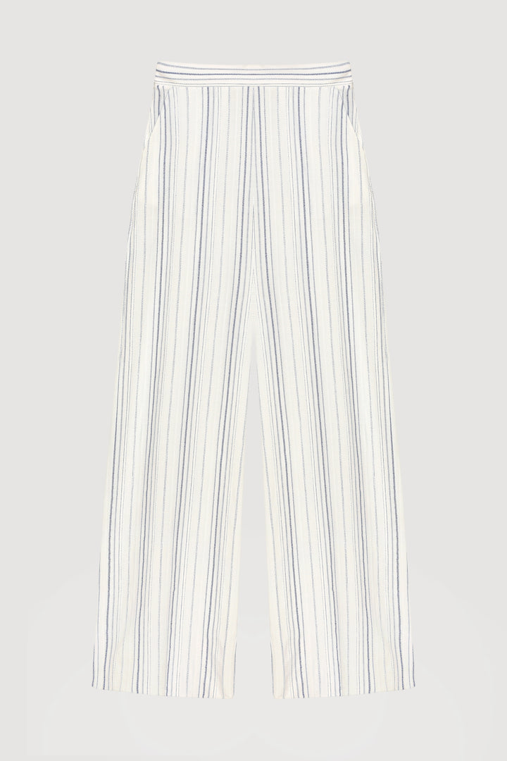 İnce Çizgili Yüksek Bel Pantolon Ekru