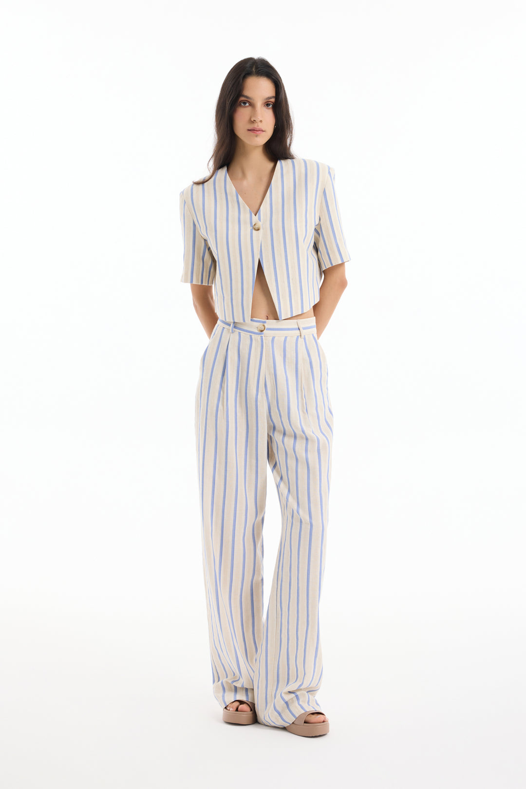 Kalın Çizgili Düz Kesim Pantolon Ekru