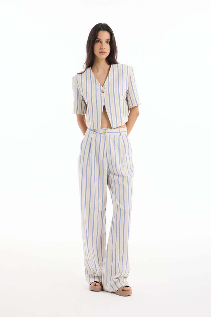 Kalın Çizgili Düz Kesim Pantolon Ekru