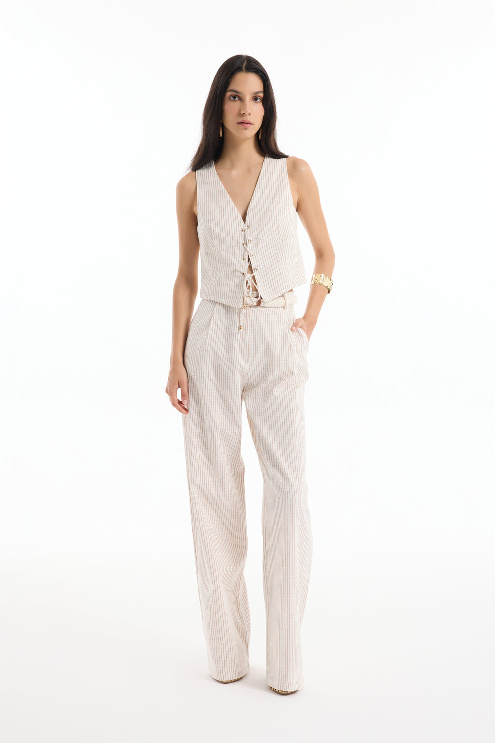 Hasır Kemerli İnce Çizgili Keten Pantolon Naturel