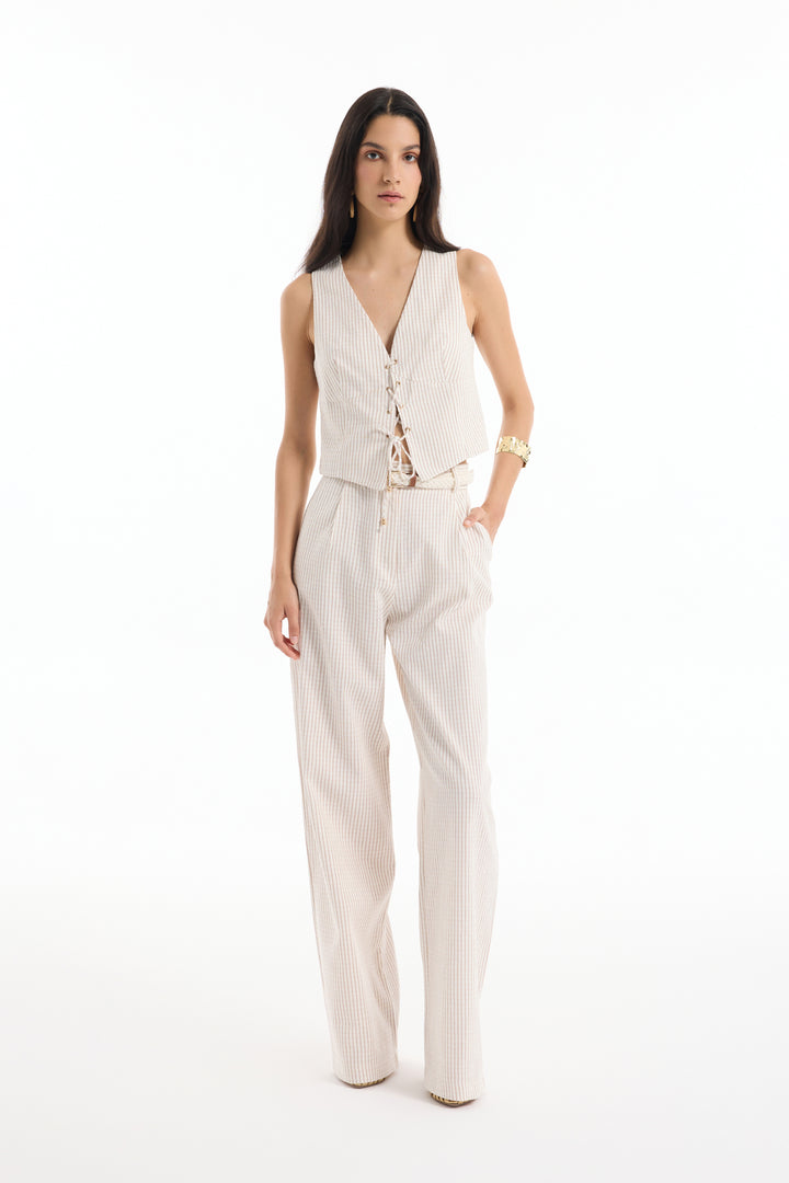 Hasır Kemerli İnce Çizgili Keten Pantolon Naturel