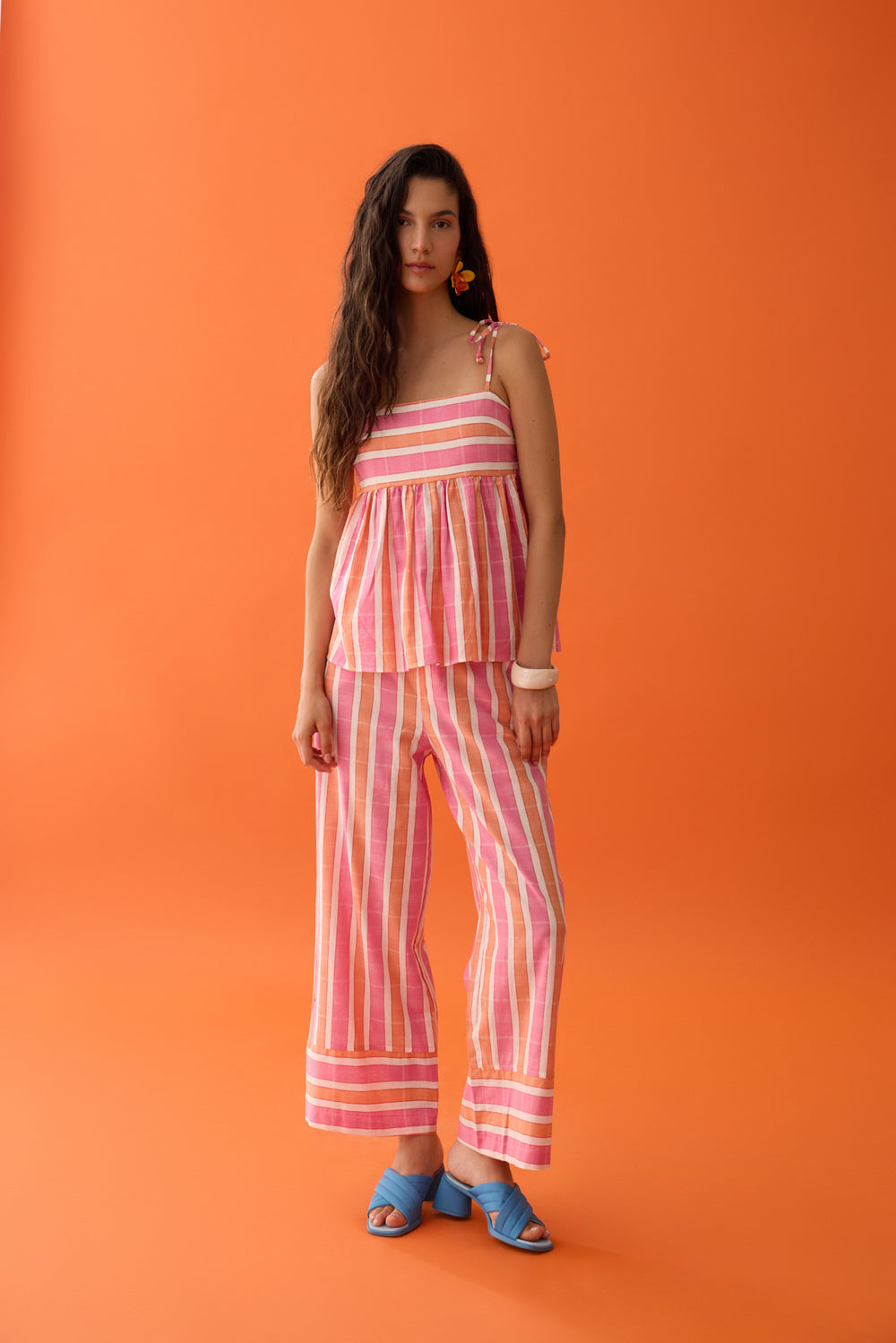 Renkli Çizgili Yüksek Bel Pantolon Pembe