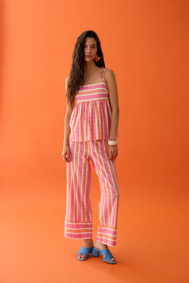 Renkli Çizgili Yüksek Bel Pantolon Pembe