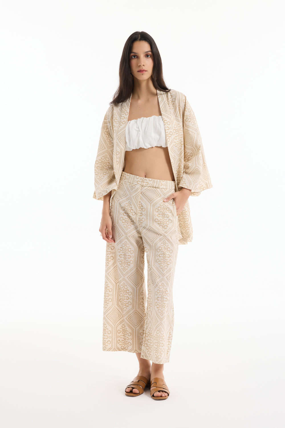 Etnik Desenli Bol Paça Pantolon Naturel