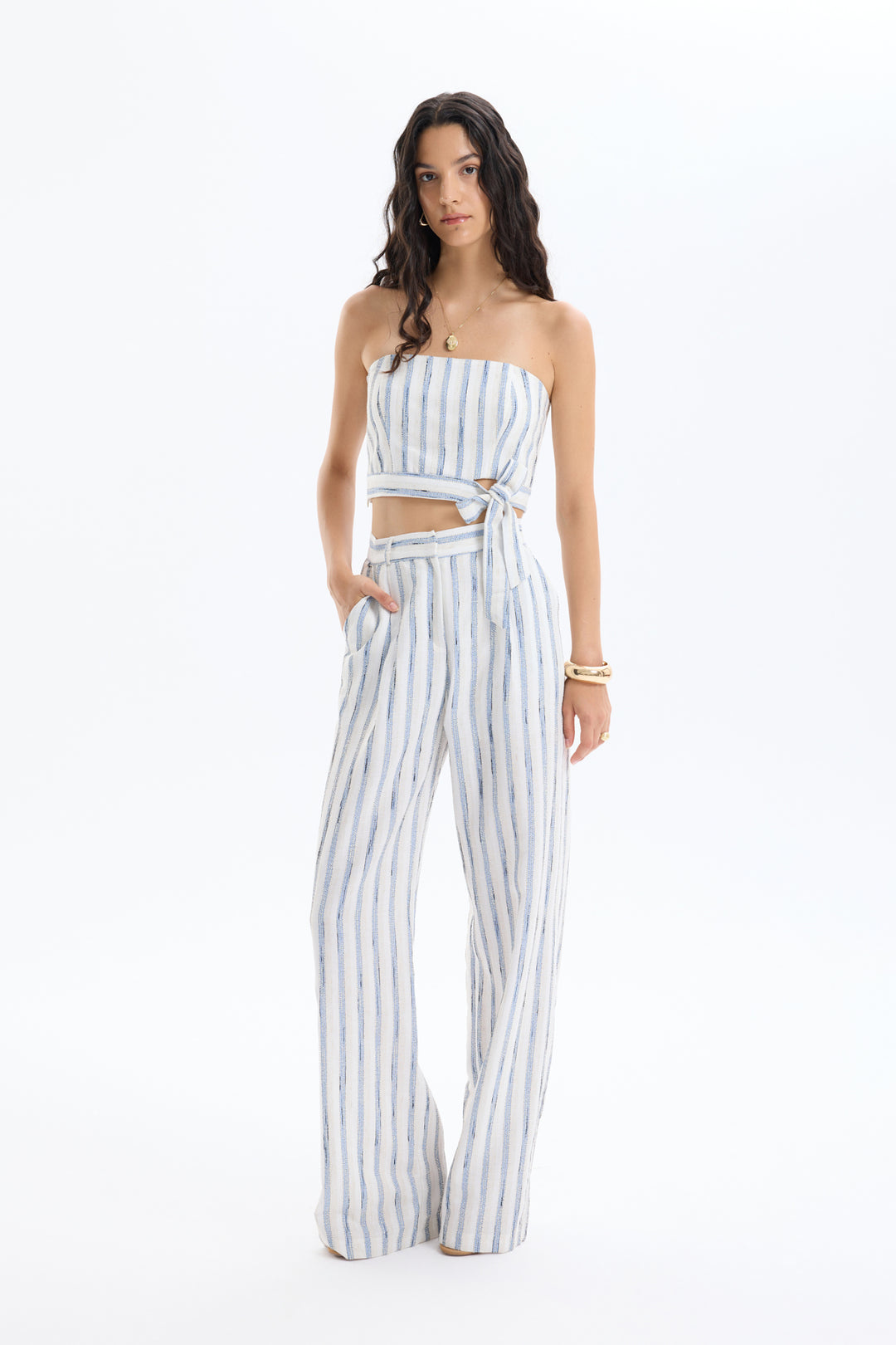 Çizgili Pensli Keten Palazzo Pantolon Mavi