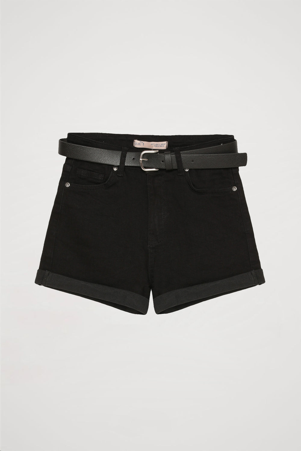 Kemer Aksesuarlı Duble Paça Kot Şort Siyah