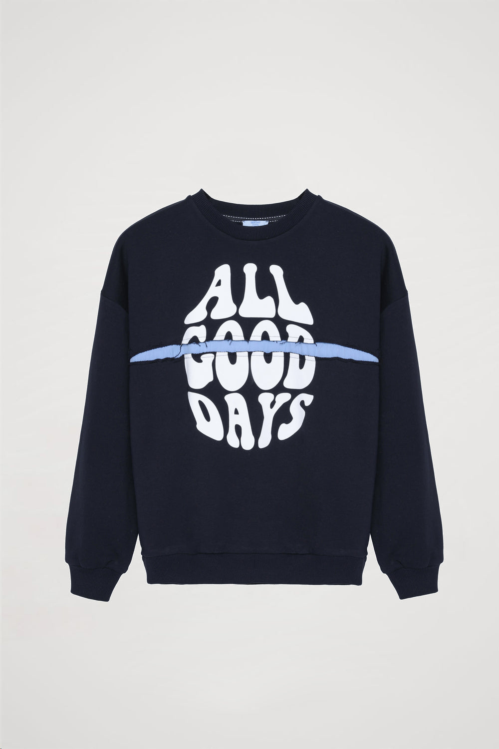 Yırtık Detaylı Yazı Baskılı Sweatshirt Lacivert