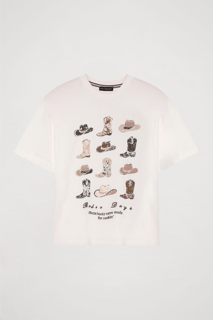 Kovboy Baskılı Tişört Ekru