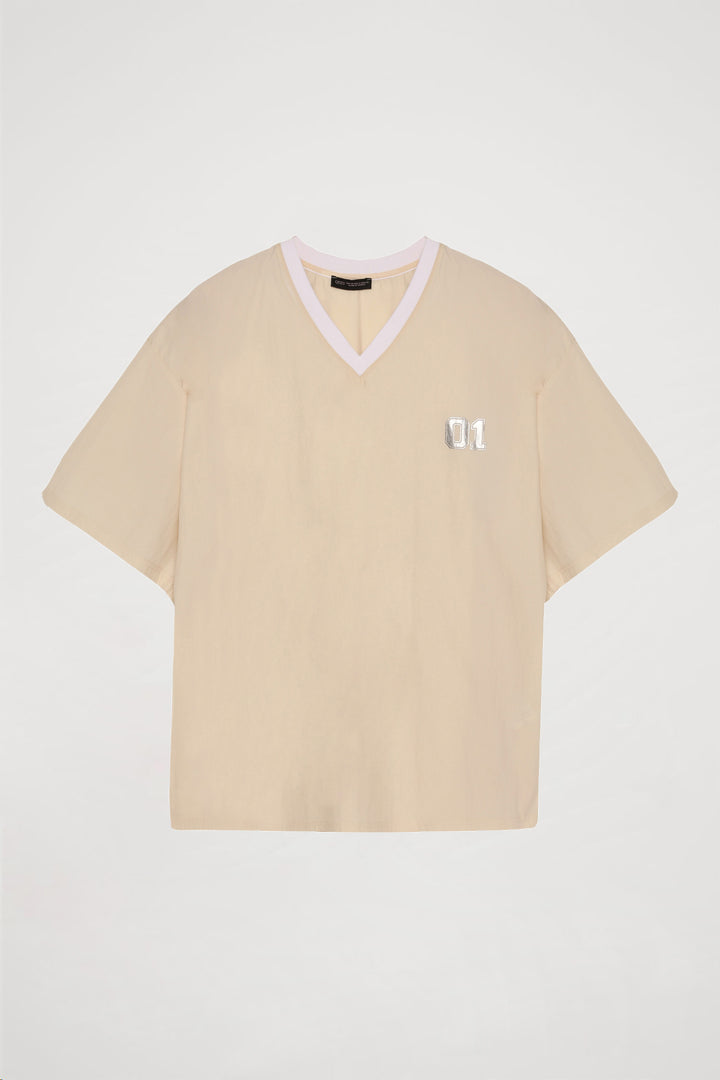 V Yakalı Kısa Kol Oversize Tişört Taş