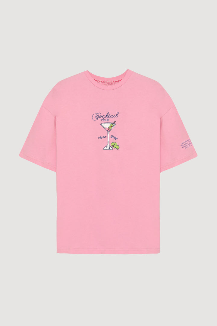 Bardak Baskılı Oversize Tişört Pembe