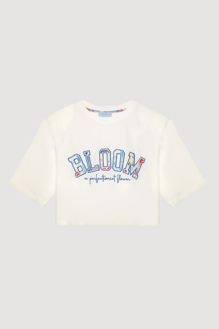 Nakış Yazılı Çiçek Desenli Crop Tişört Ekru