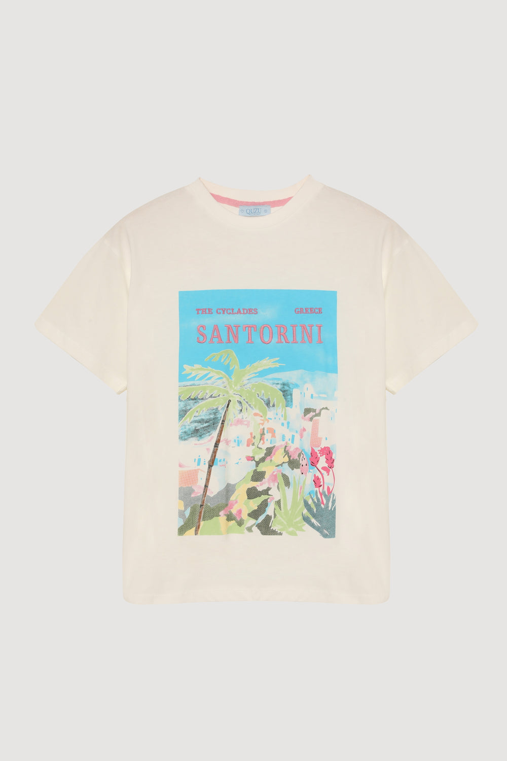 Santorini Baskılı Renkli Tişört Ekru