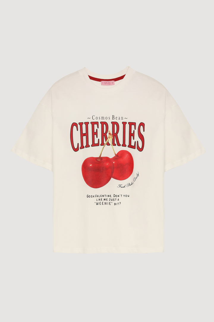 Kiraz Baskılı Oversize Tişört Ekru