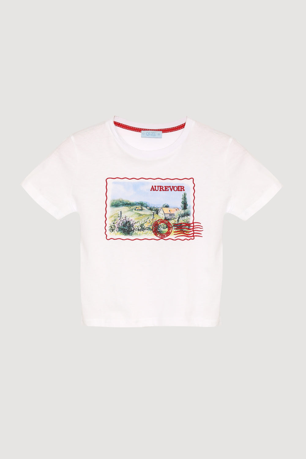 Kartpostal Baskılı Crop Tişört Beyaz