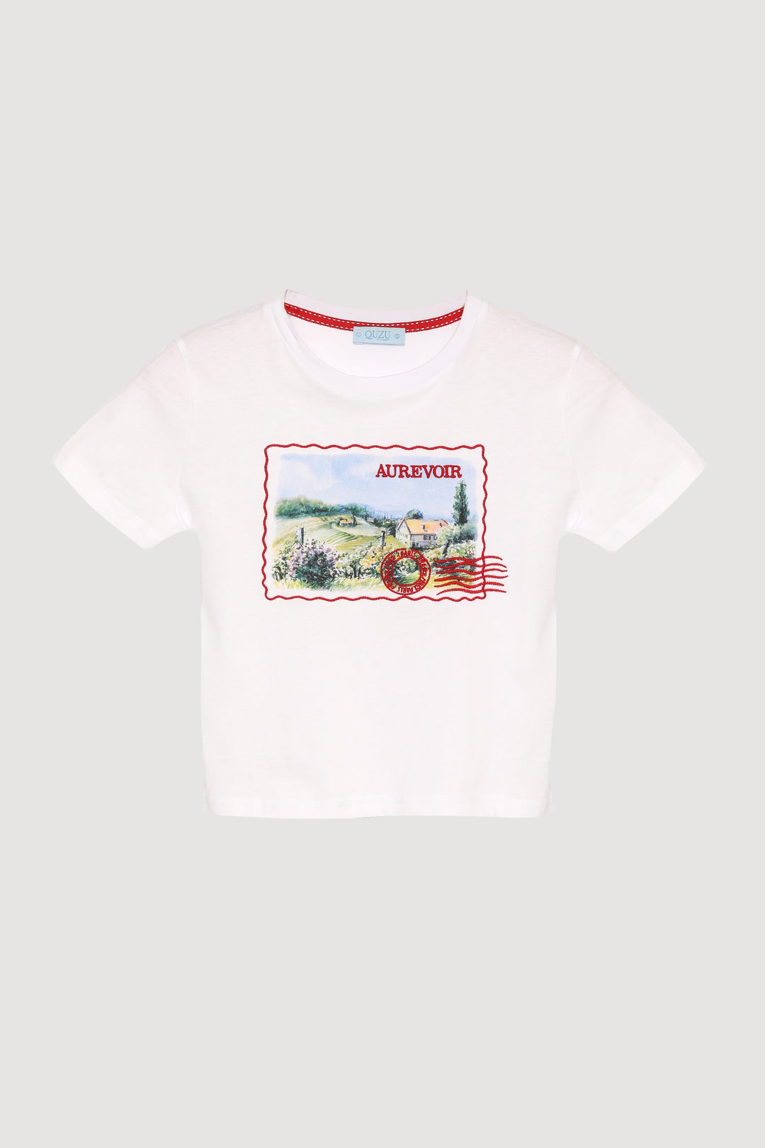 Kartpostal Baskılı Crop Tişört Beyaz