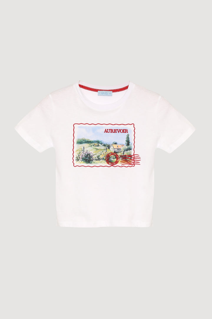 Kartpostal Baskılı Crop Tişört Beyaz