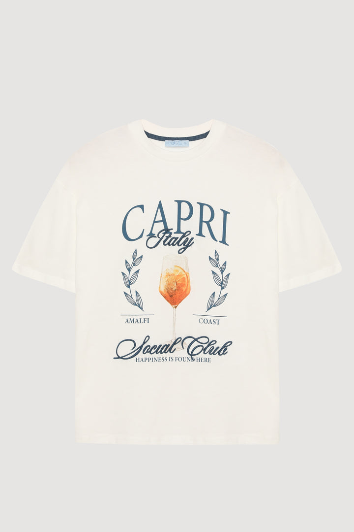 Yazı Baskılı Bardak Detaylı Tişört Ekru