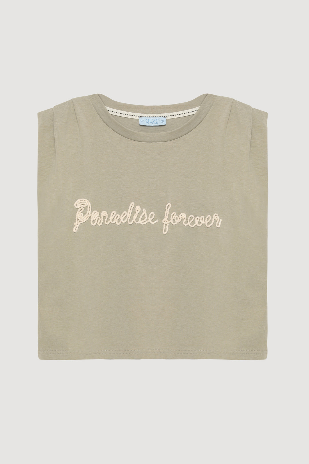 Yazı Nakışlı Kolsuz Crop Tişört Haki