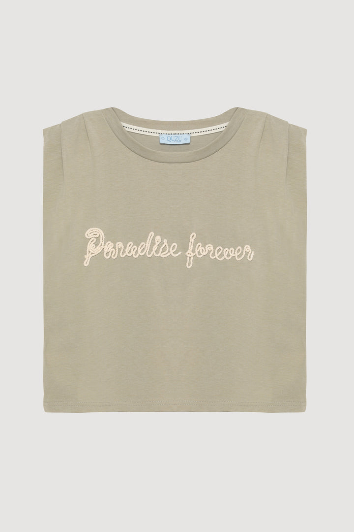 Yazı Nakışlı Kolsuz Crop Tişört Haki