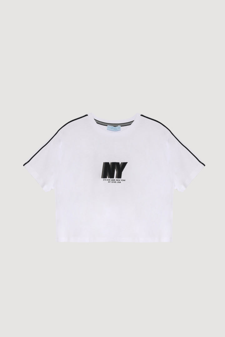 Yazı Baskılı Crop Kısa Kol Tişört Beyaz