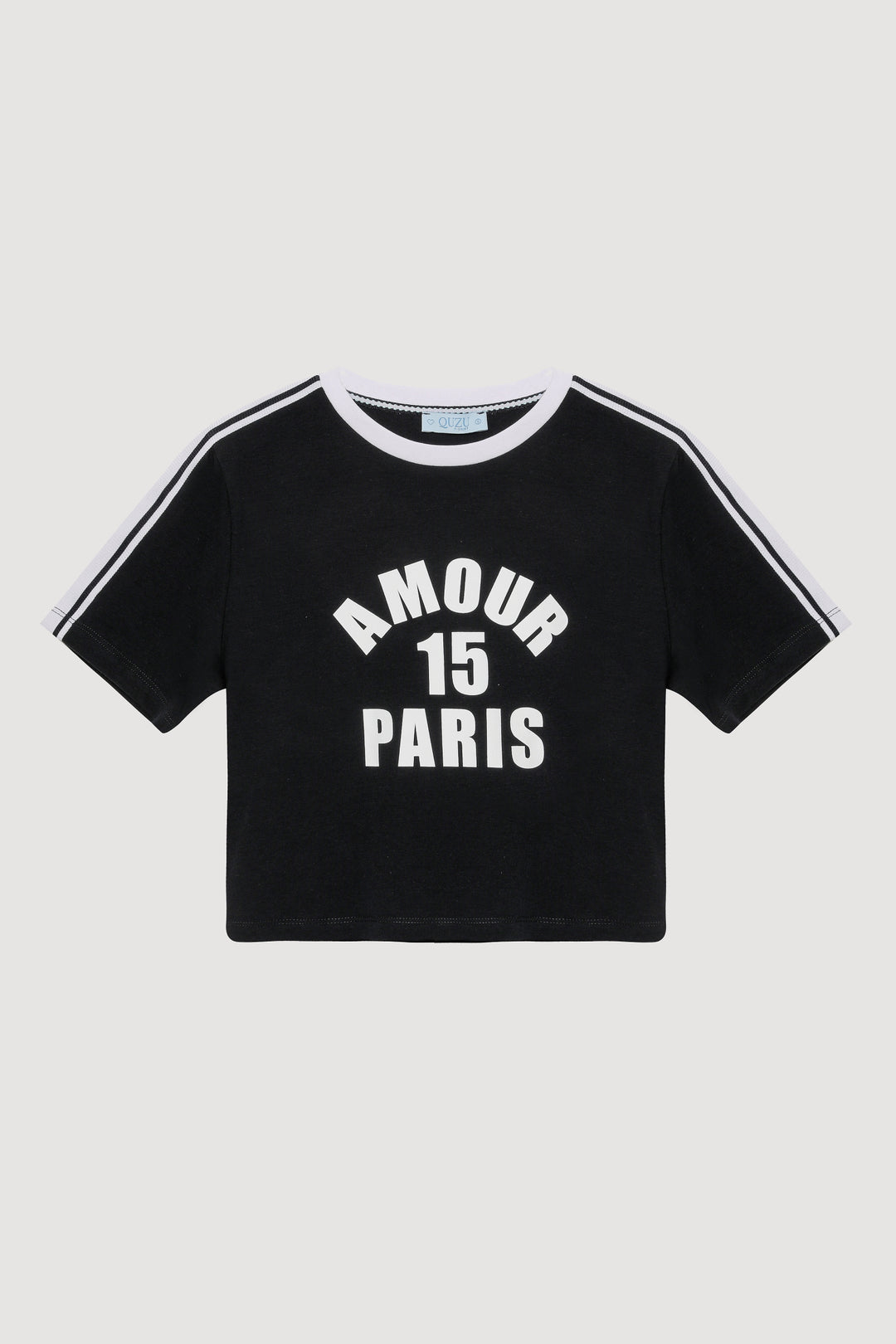Paris Yazılı Omuzları Biyeli Crop Tişört Lacivert