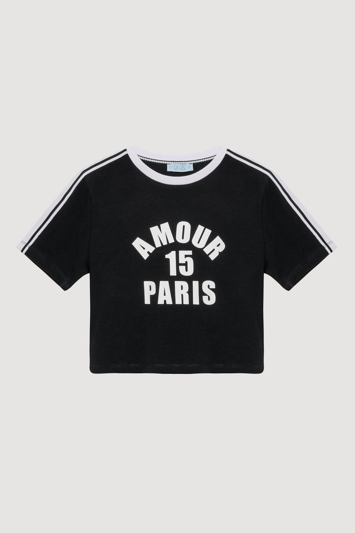 Paris Yazılı Omuzları Biyeli Crop Tişört Lacivert