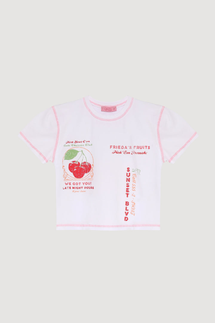 Renkli Kiraz Baskılı Kısa Kol Tişört Beyaz
