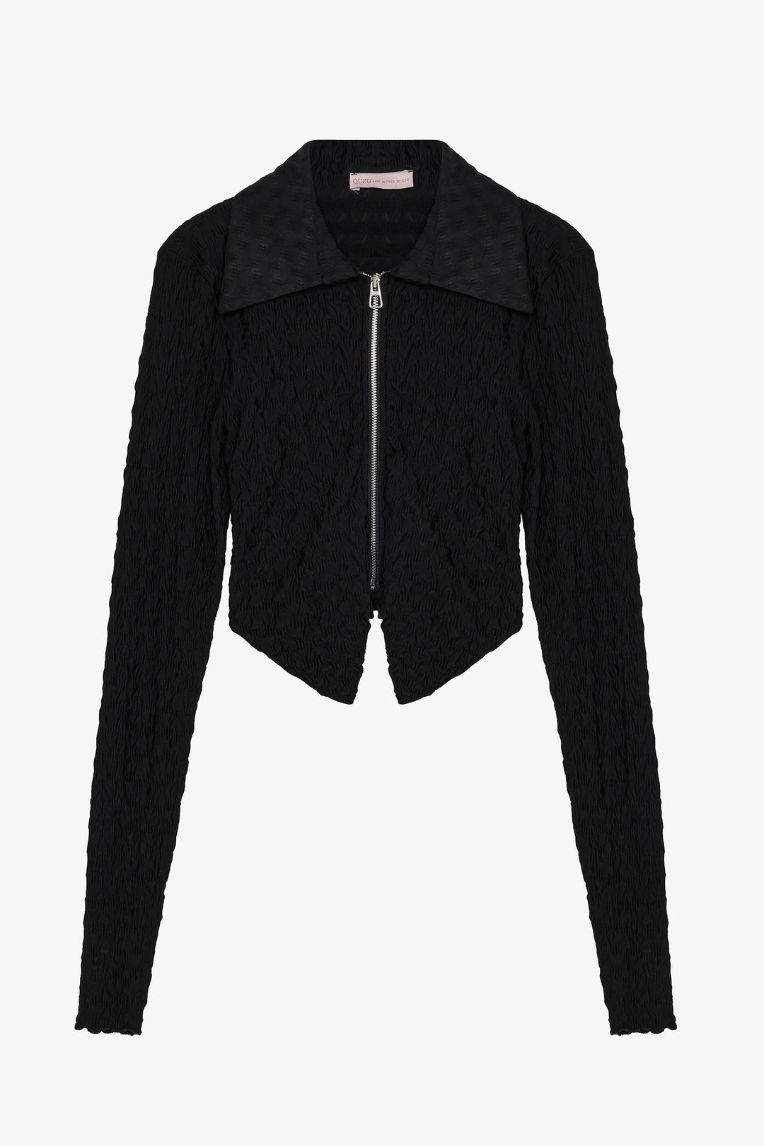 Gofre Dokulu Fermuarlı Crop Bluz Siyah