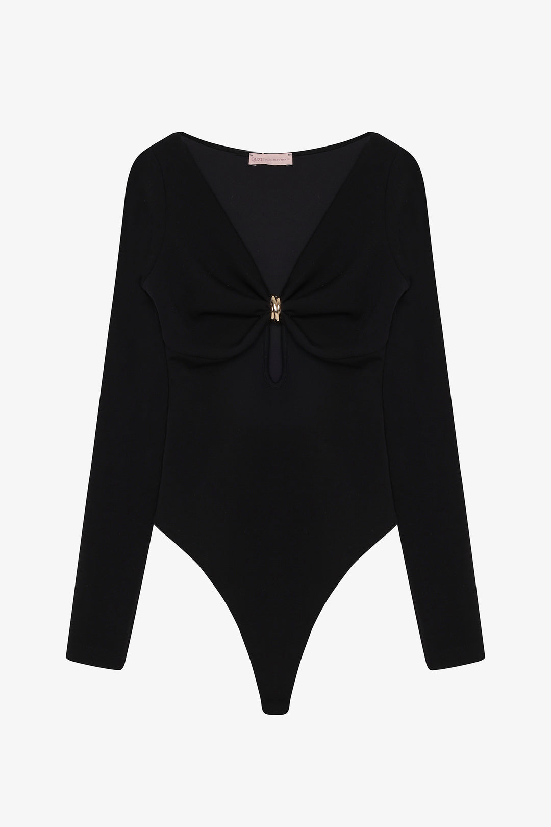 Halka Aksesuarlı Uzun Kollu Bodysuit Siyah