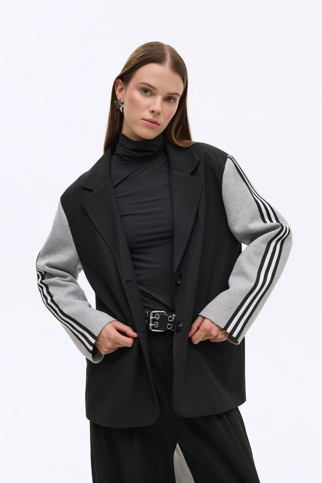 Şerit Detaylı Garnili Oversize Blazer Ceket Siyah