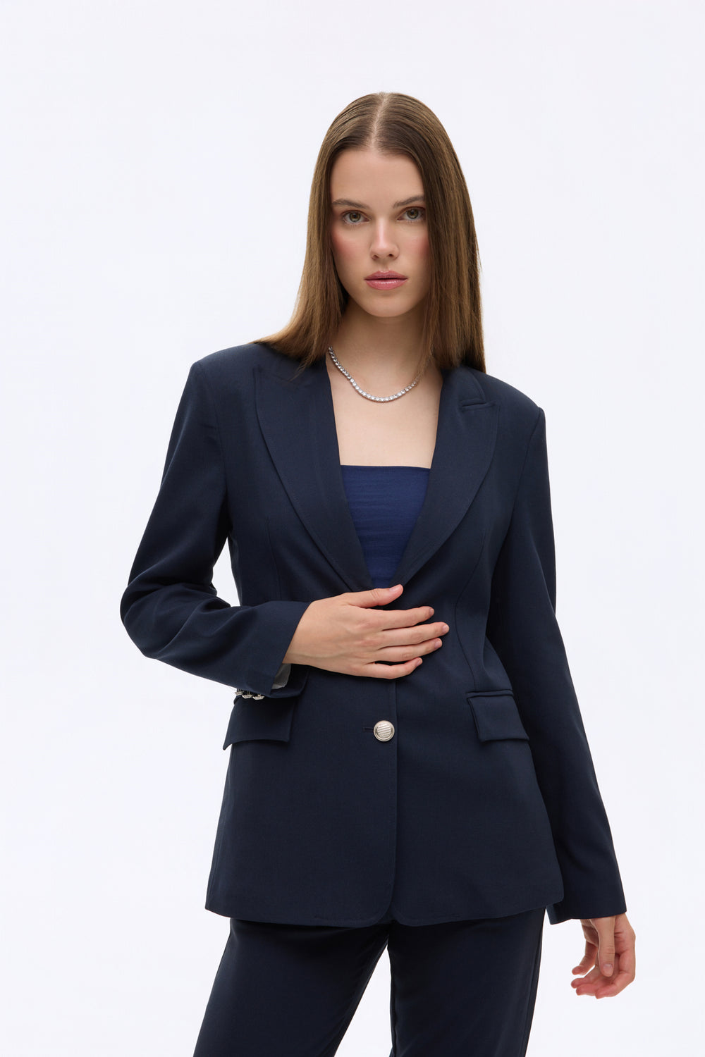 Kapak Cepli Düz Kesim Düğmeli Blazer Ceket Lacivert