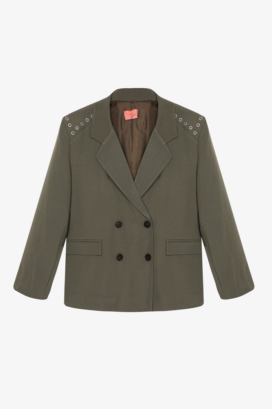 Kuş Gözü Detaylı Çift Düğmeli Oversize Blazer Ceket Haki