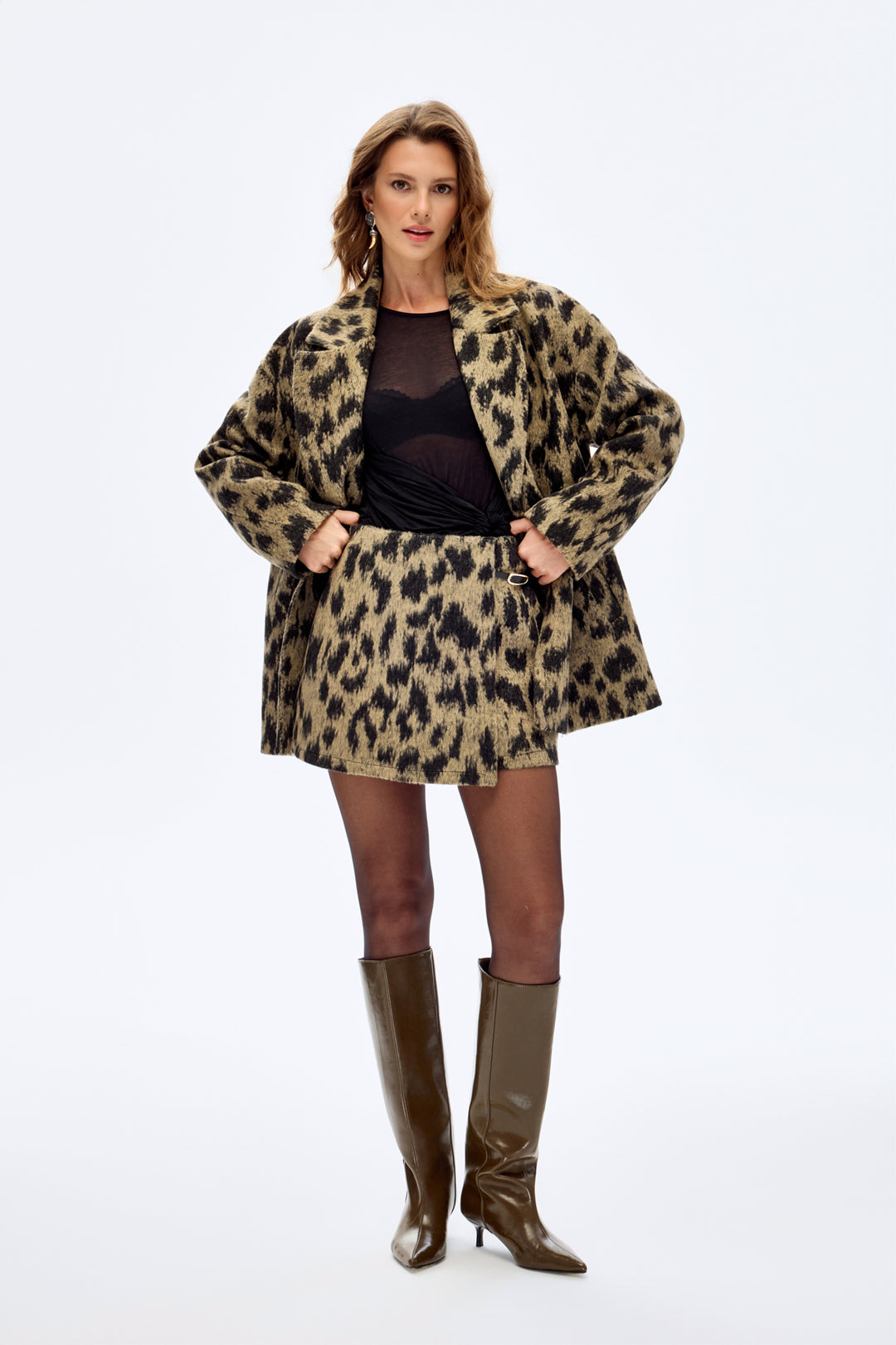 Leopar Kemer Detay Mini Etek Bej
