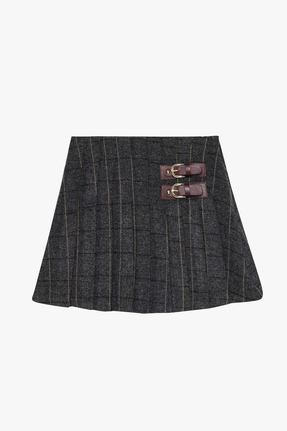 Balıksırtı Kemer Tokalı Pileli Mini Etek Antrasit