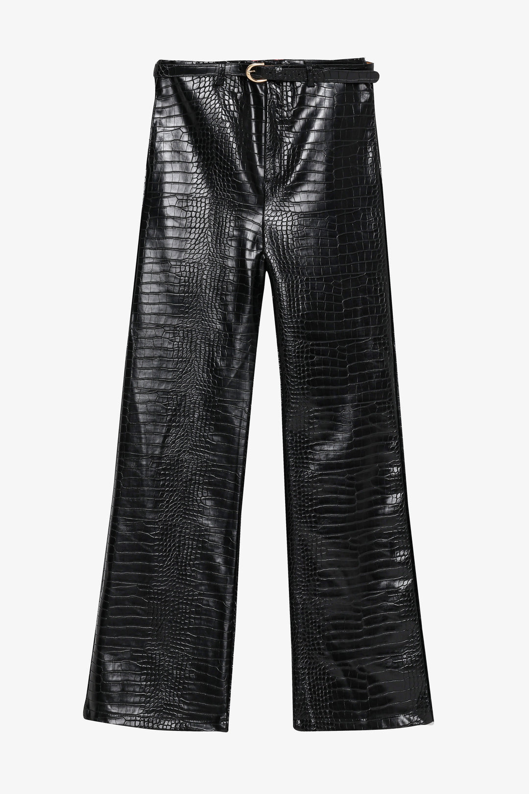 Kroko Desenli Bol Paça Deri Pantolon Siyah